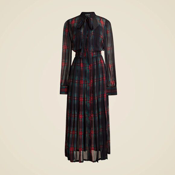 NWT J.Crew Tie-Neck Dress in Stewart Tartan Viscose Chiffon Black Red Green XS - Picture 5 of 15